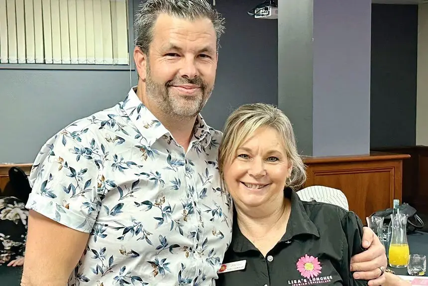 LISA’S LUNCHES: Jacqui Martin with Lisa’s husband Mark who was a special guest at Lisa’s Lunches’ annual meeting. 