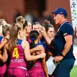 MAKING A POINT: Lions head coach Craig Starcevich tells his players what they need to do. Despite the lecture the Lions fell to the Collingwood Magpies. (Photo by Albert Perez/Getty Images via AFL Photos)