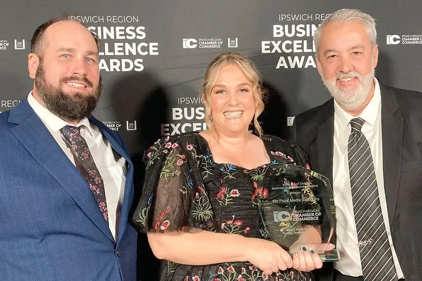 ON POINT: David Reid and Kerryn Costello are making their mark as Ipswich’s leading media agency.  Ipswich Race Club CEO, Tim Dunn, presented their award.  