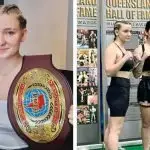 (Left) Brooke Boetje shows off her belt. (Right) The competitors weigh in. PHOTOS: DAVID MARTIN