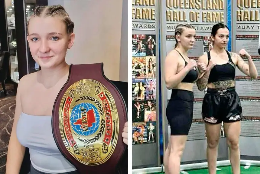 (Left) Brooke Boetje shows off her belt. (Right) The competitors weigh in. PHOTOS: DAVID MARTIN