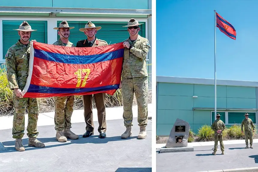 (Left) The 17th at last have their standard back. (Right) The flag is at last returned to its place of pride at Amberley.