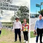 Left: Shayne Neumann with Crs Madsen and Ireland at Calvert Bridge. Right: Shayne Neumann at Eastern Heights.