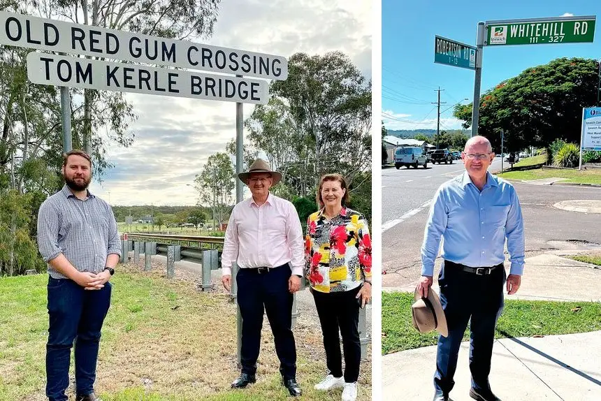 Left: Shayne Neumann with Crs Madsen and Ireland at Calvert Bridge. Right: Shayne Neumann at Eastern Heights.