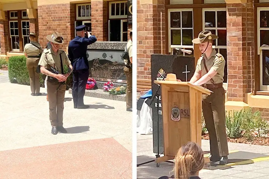 Among the highlights of a moving ceremony were:  left, wreaths laid at the memorial stone; right, Lieutenant Reith, 9 FSB, gives a guest speech.