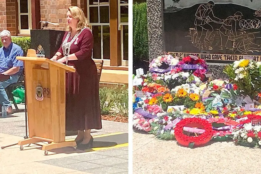 Left, Mayor Teresa Harding dedicates the new plinths; right, the wreaths.
