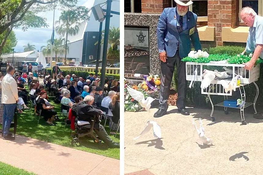 Left, the crowd who gathered to pay their respects; right, doves of peace are released in the earnest hope and wish that peace will prevail and the sacrifice of young lives will end.