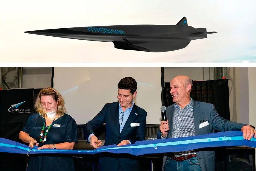 Cutting the ribbon are Mayor Teresa Harding, Hypersonix CFO Matt Hill and Hypersonix co-founder, CTO and head of engineering Michael Smart.