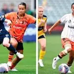 Tough-tackling McQueen in action, left, and powering away from an opponent, right.