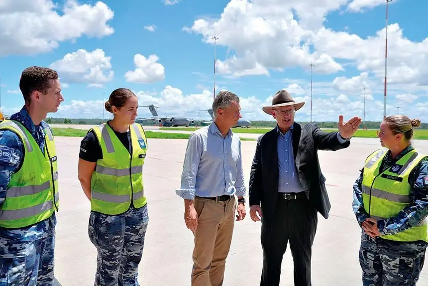 Assistant Minister of Defence Matt Thistlethwaite and federal member for Blair Shayne Neumann at RAAF Amberley to announce more funding and jobs