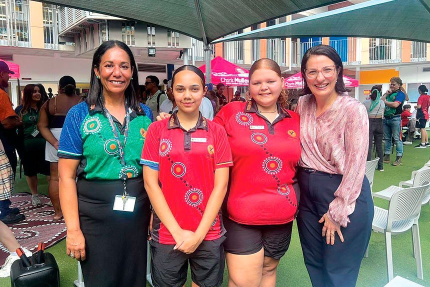 Left to right, Principal Karla Brady, new school leaders Cienna and Allira, and Jordan MP Charis Mullen.