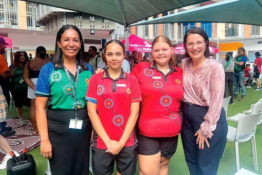 Left to right, Principal Karla Brady, new school leaders Cienna and Allira, and Jordan MP Charis Mullen.