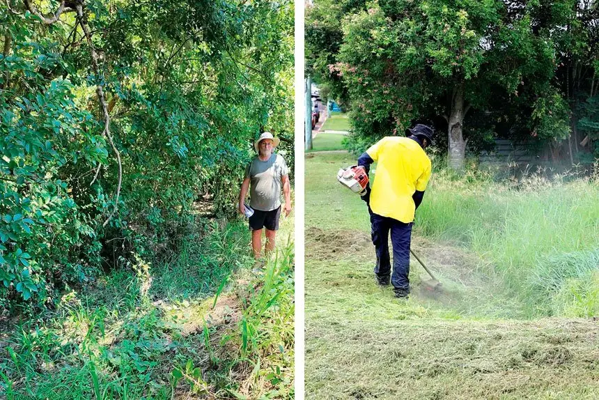 LEFT: Bellbird Park resident James Tanner goes through a rough patch PHOTO: Helen Youngberry. RIGHT: Ipswich City Council employees mowing at North Ipswich. PHOTO: IPSWICH CITY COUNCIL