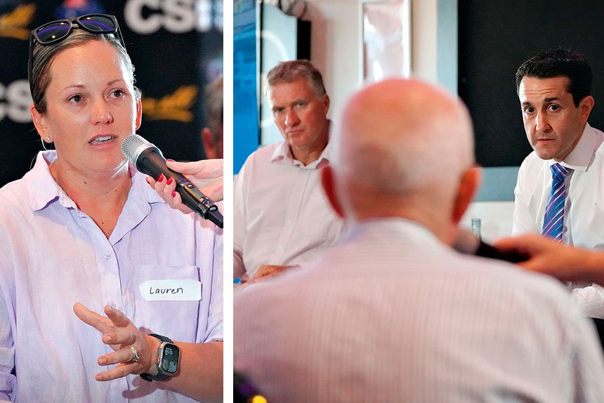 (Left) Attendee Lauren Hansford’s father Wayne died last year following a 3 hour wait at Ipswich Hospital. (Right) Darren Zannow with David Crissafulli.