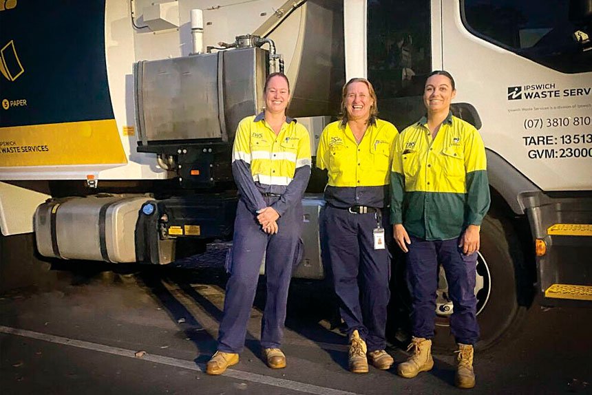Kylie Frost, Belinda Janson and Liz Ketchup are all smiles before starting their shift at Riverview depot.