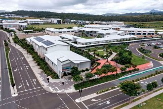 Drone image showing the Performing Arts building.