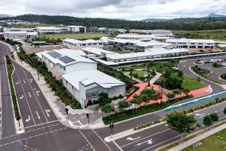 Drone image showing the Performing Arts building.