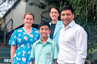 Left to right, Bundamba State Secondary College teacher Emma Graham, Year 8 student Jerrash, Principal Sandra Quinn and Queensland Minister for Training and Skills Development and Member for Bundamba Lance McCallum.