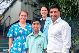 Left to right, Bundamba State Secondary College teacher Emma Graham, Year 8 student Jerrash, Principal Sandra Quinn and Queensland Minister for Training and Skills Development and Member for Bundamba Lance McCallum.