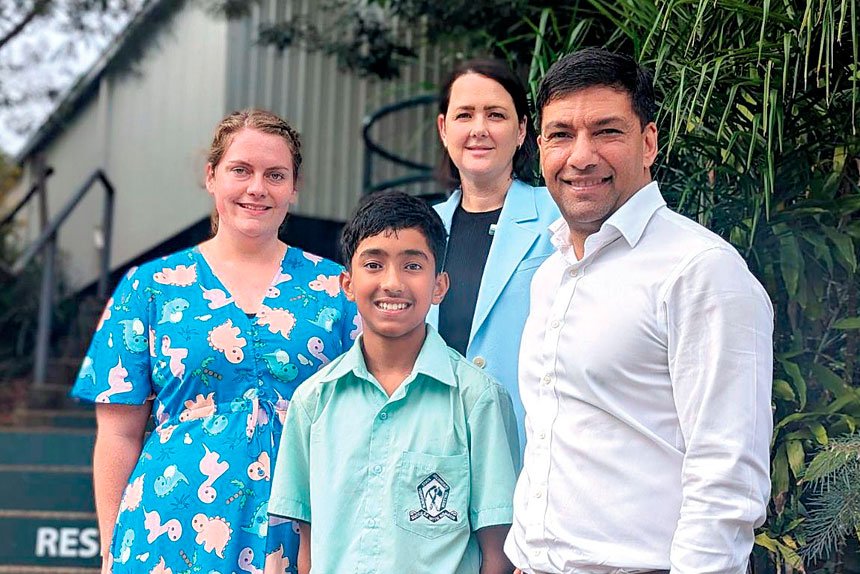 Left to right, Bundamba State Secondary College teacher Emma Graham, Year 8 student Jerrash, Principal Sandra Quinn and Queensland Minister for Training and Skills Development and Member for Bundamba Lance McCallum.