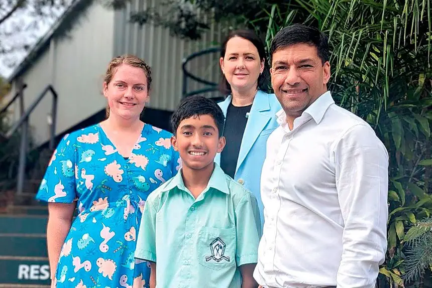 Left to right, Bundamba State Secondary College teacher Emma Graham, Year 8 student Jerrash, Principal Sandra Quinn and Queensland Minister for Training and Skills Development and Member for Bundamba Lance McCallum.