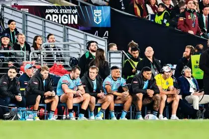 Blues players look on from the bench during Game 1 of the State of Origin between the Queensland Maroons and the New South Wales Blues. PHOTO: AAP
