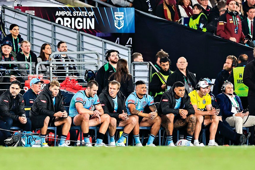 Blues players look on from the bench during Game 1 of the State of Origin between the Queensland Maroons and the New South Wales Blues. PHOTO: AAP