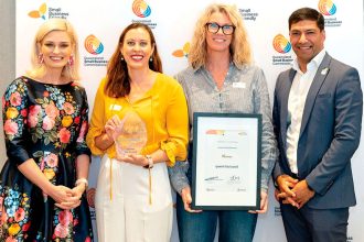 Minister for Employment and Small Business and Member for Bundamba Lance McCallum with Erin Marchant and Naomi George from Ipswich City Council and Queensland Small Business Commissioner Dominique Lamb.