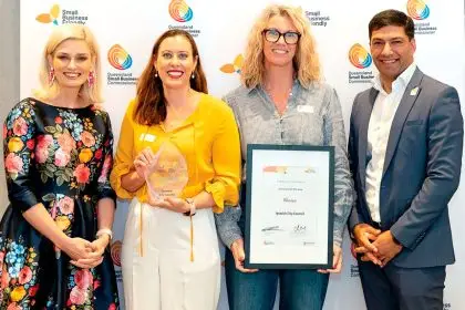 Minister for Employment and Small Business and Member for Bundamba Lance McCallum with Erin Marchant and Naomi George from Ipswich City Council and Queensland Small Business Commissioner Dominique Lamb.