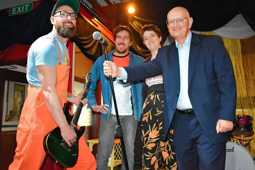 Shayne Neumann with (from left) Ipswich musician Damien Johnson and Banshees Bar & Artspace co-owners Tim Bray and Al Wheeler.