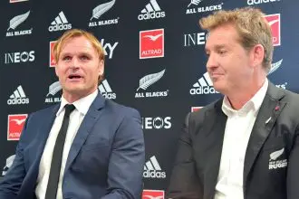 The new All Blacks coach Scott Robertson (left) and New Zealand Rugby chief executive Mark Robinson at a press conference in Wellington this week. PHOTO: AAP Image/Ben McKay