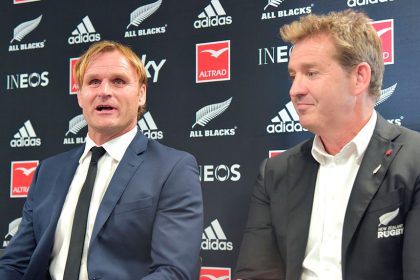 The new All Blacks coach Scott Robertson (left) and New Zealand Rugby chief executive Mark Robinson at a press conference in Wellington this week. PHOTO: AAP Image/Ben McKay