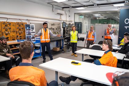 FUTURE FOCUS: Queensland Minister Lance McCallum has encouraging words for apprentices at Bundamba TAFE.