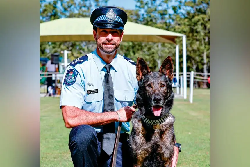 Police dog Kaos receives his Canine Service Medal.