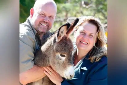 WHAT A CUTIE: New addition Dublin with The Llama Farm’s Shane Hancock and Mayor Teresa Harding.
