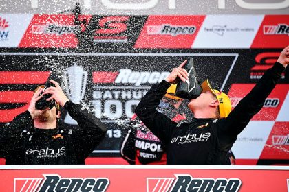 Brodie Kostecki (right) and Todd Hazelwood were thrilled to put their struggles behind them at Bathurst. PHOTO: Dan Himbrechts/AAP PHOTOS