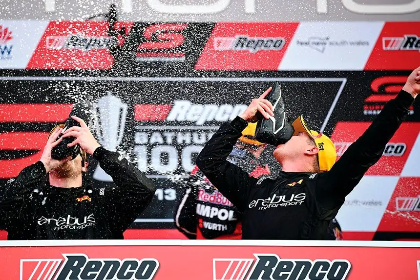 Brodie Kostecki (right) and Todd Hazelwood were thrilled to put their struggles behind them at Bathurst. PHOTO: Dan Himbrechts/AAP PHOTOS