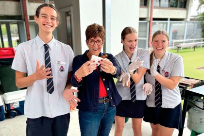IPSWICH WEST SNAGGED BACK: ALP’s Wendy Bourne with Ipswich High School leaders Rocco Harder, Matilda Moore and Elizabeth Hargreaves.