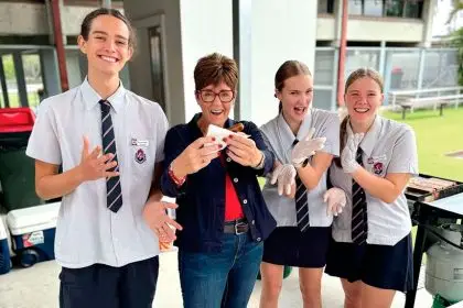 IPSWICH WEST SNAGGED BACK: ALP’s Wendy Bourne with Ipswich High School leaders Rocco Harder, Matilda Moore and Elizabeth Hargreaves.