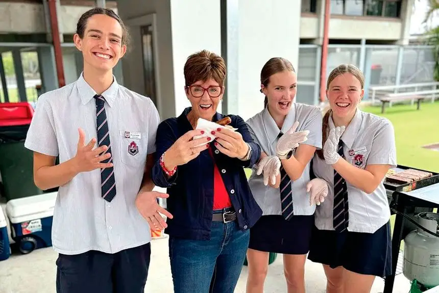 IPSWICH WEST SNAGGED BACK: ALP’s Wendy Bourne with Ipswich High School leaders Rocco Harder, Matilda Moore and Elizabeth Hargreaves.