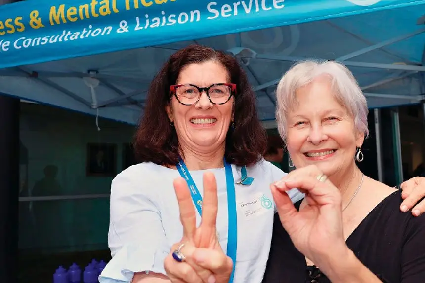 In the mood to celebrate – Frances Dark with Di Briffa at PA Hospital.