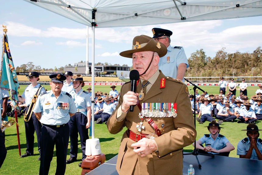 POWERFUL WORDS: Sir Peter Cosgrove speaks at the parade.