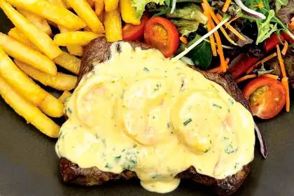 Angus rump and garlic prawn topper