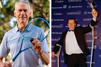 (Left) Long-time squash world No.1 Geoff Hunt won 178 of his 215 career tournaments. (Right) Michael Milton won six ski gold at five Paralympic winter Games before adding a sixth as a cyclist. PHOTOS: AAP PHOTOS