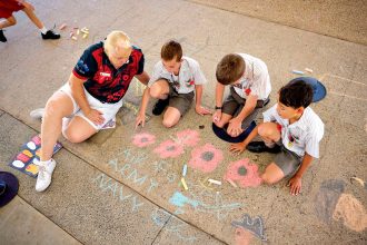 West Moreton Anglican College defence mento Jenny Sheehan with eager students.