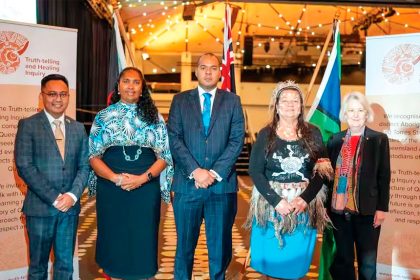 Queensland Truth-Telling and Healing Inquiry members Ivan Ingram, Vonda Malone, chairperson Joshua Creamer, Cheryl Buchanan and Roslyn Atkinson at the Inquiry’s ceremonial hearing.