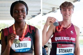 (Left) Diva Ejembi took gold in the U14 high jump with a new PB. (Right) Dakota Stewart adds silver to his golden haul at last month’s State Championships.