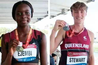 (Left) Diva Ejembi took gold in the U14 high jump with a new PB. (Right) Dakota Stewart adds silver to his golden haul at last month’s State Championships.