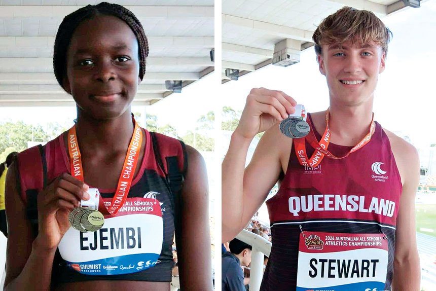 (Left) Diva Ejembi took gold in the U14 high jump with a new PB. (Right) Dakota Stewart adds silver to his golden haul at last month’s State Championships.