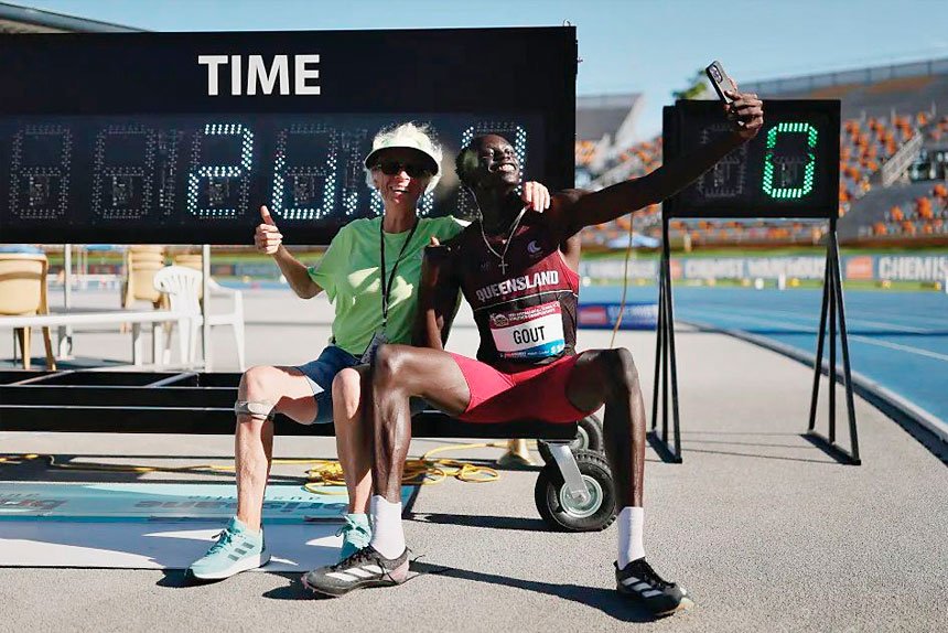 FAST LANE: Teen sensation Gout Gout with coach Diane Sheppard.